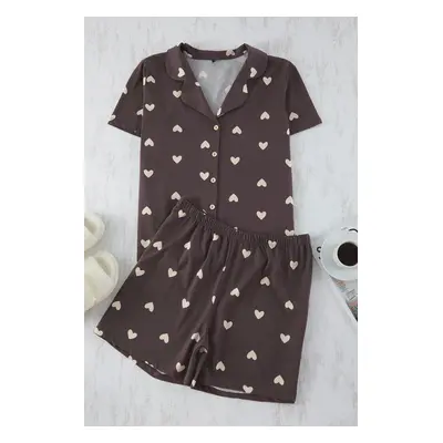 Trendyol Curve Brown Heart Patterned Shirt Collar Knitted Pajama Set