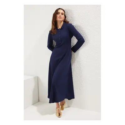 Trendyol Navy Blue Polo Neck Knitted Crepe Dress