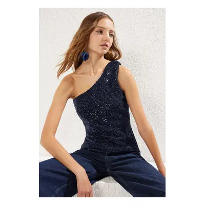 Trendyol Navy Blue One Shoulder Knitted Sequin Blouse