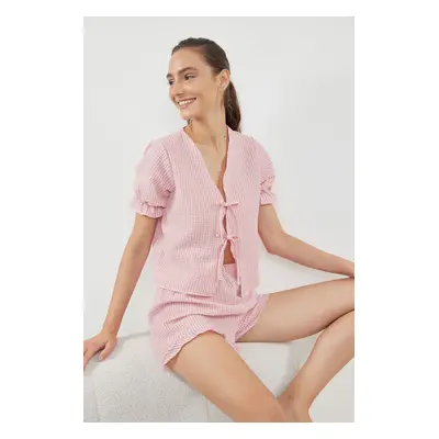 Trendyol Pink Textured Gingham Tie/Ribbon/Bow Detailed Woven Pajama Set