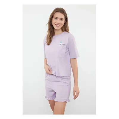 Trendyol Lilac Cotton Frilly Printed Knitted Pajamas Set