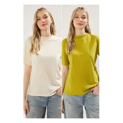 Trendyol Oil Green-Light Stone Pack 100% Cotton Basic Stand Collar Knitted T-Shirt