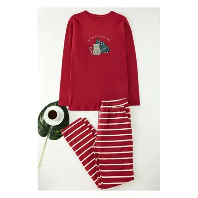 Trendyol Red Striped Regular Fit Couple Christmas Themed Knitted Pajama Set