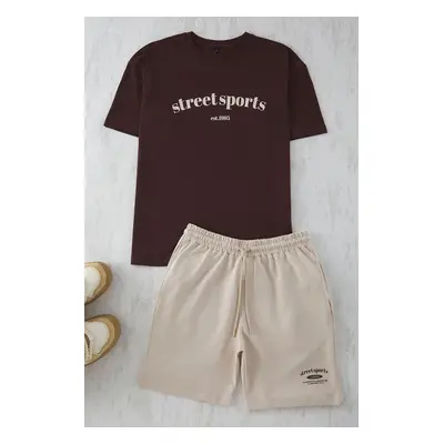 Trendyol Brown-Stone 2-Piece Tracksuit Set Oversize/Wide Cut 100% Cotton Shorts - T-Shirt