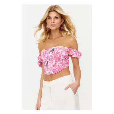 Trendyol Pink-Multicolored Crop Lined Corset Detailed Floral Patterned Woven Poplin Bustier