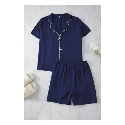 Trendyol Curve Navy Blue Embroidery and Piping Detail Viscose Woven Pajama Set