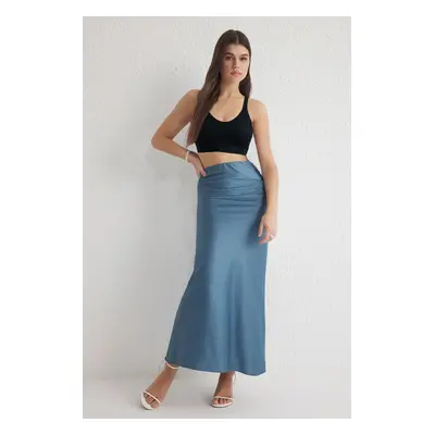 Trendyol Indigo Satin Fish Shape Maxi Length Woven Skirt