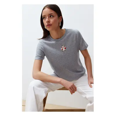 Trendyol Gray Melange Embroidered Regular/Normal Pattern Knitted T-Shirt