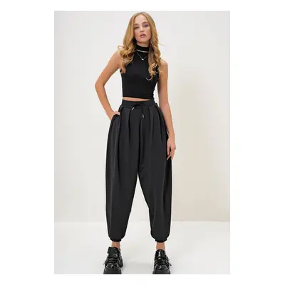 Trend Alaçatı Stili Women's Black Elastic Waist Double Pocket Front Pleated Balloon Pants