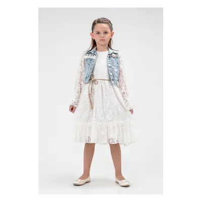 Trendyol Girl's Ecru Lace Detailed Denim Vest Belted Long Sleeve Dress Set Suit