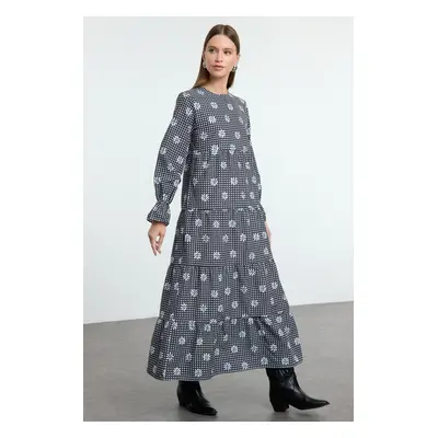 Trendyol Black Gingham Floral Printed Elastic Sleeve Detailed Woven Dress