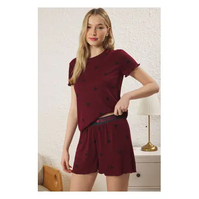 Trendyol Burgundy Heart Slogan Printed Elastic Ribbed Shorts Knitted Pajama Set