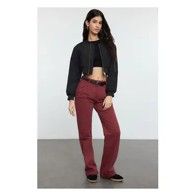 Trendyol Burgundy High Waist Belted Wide Leg Jeans