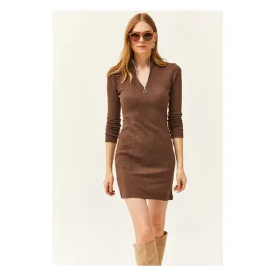 Olalook Women's Brown High Neck Zippered Thick Ribbed Mini Dress