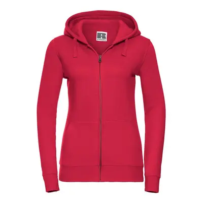 Red women's sweatshirt with hood and zipper Authentic Russell