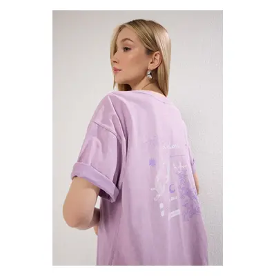 Trendyol Lilac 100% Cotton Faded Back Printed Boyfriend Crew Neck Knitted T-Shirt