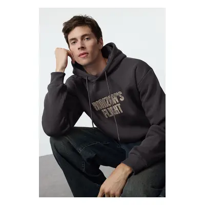 Trendyol Anthracite Oversize/Wide Cut Hooded Embroidered Fleece Sweatshirt