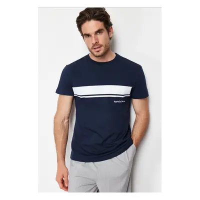 Trendyol Navy Regular/Real Fit Crew Neck Striped Printed 100% Cotton T-shirt