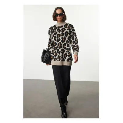 Trendyol Beige Leopard Patterned Knitted Sweater