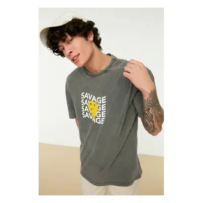 Trendyol Anthracite Oversize/Wide Cut Faded Effect Text Print 100% Cotton T-Shirt