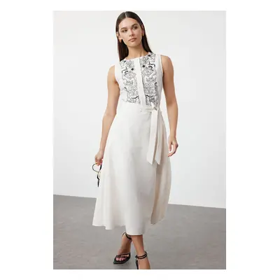 Trendyol White Belted Embroidered Midi Woven Dress