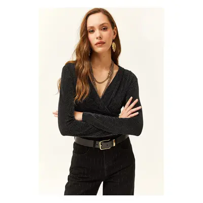 Olalook Women's Black Double Breasted Silvery Crop Blouse