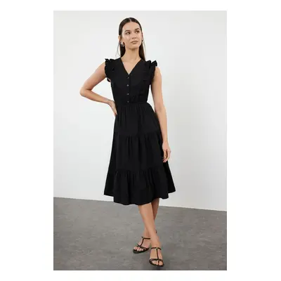 Trendyol Black Plain Midi Skater Form Ruffle Detailed Woven Dress