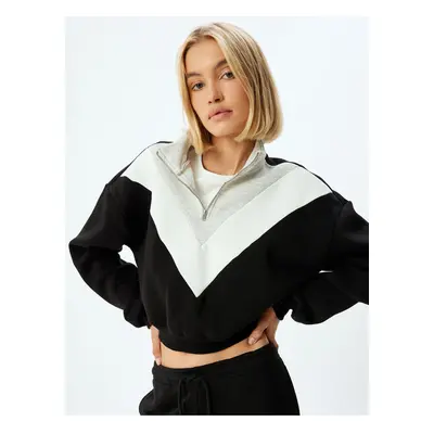 Koton Color Block Stand Collar Three Thread Raised Half Zip Crop Sweatshirt