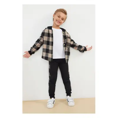 Trendyol Black 3-Piece Boy Plaid T-shirt Pants Shirt Set Cotton Knitted Bottom-Top Set