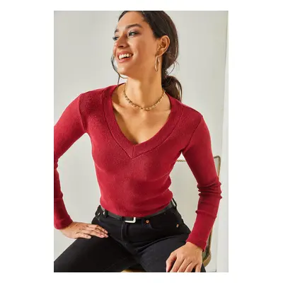 Olalook Women's Burgundy Thick Band V-Neck Raising Blouse