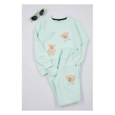 Trendyol Girl Mint*001 Bear Patterned Pajama Set Knitted Bottom-Top Set