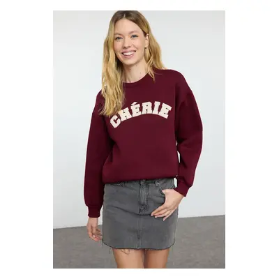 Trendyol Claret Red Thick Polar Fleece Oversize/Relaxed Cut Slogan Embroidered Knitted Sweatshir