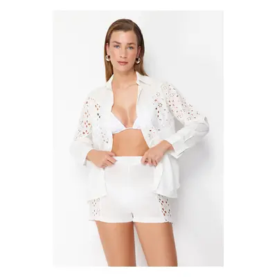 Trendyol White Woven Embroidered 100% Cotton Shirt Shorts Beach Suit