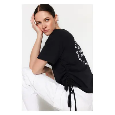 Trendyol Black 100% Cotton Back Printed Gathered Oversize/Wide Cut Crew Neck T-Shirt