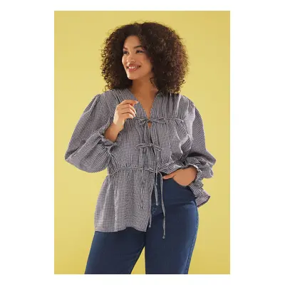 Trendyol Curve Navy Blue Bow Long Balloon Sleeve Textured Seersucker Woven Plus Size Blouse