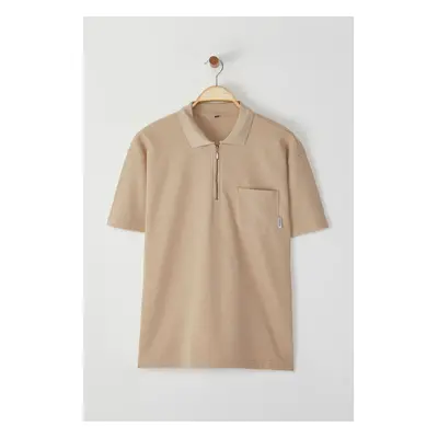 Trendyol Beige Oversize/Wide Cut Textured Polo Neck T-shirt with Pocket Details