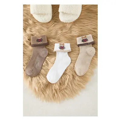 Trendyol Brown-White-Beige 3-Pack Teddy Bear Jacquard Knitted Socks