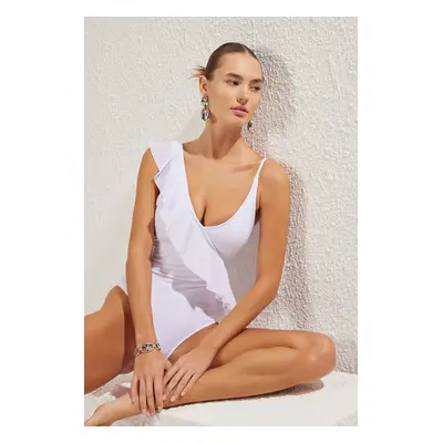 Trendyol White One Shoulder Flounce Regular Swimsuit