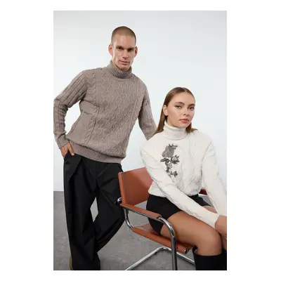 Trendyol Mink Casual Regular Couple/Double Turtleneck Textured Knitwear Sweater