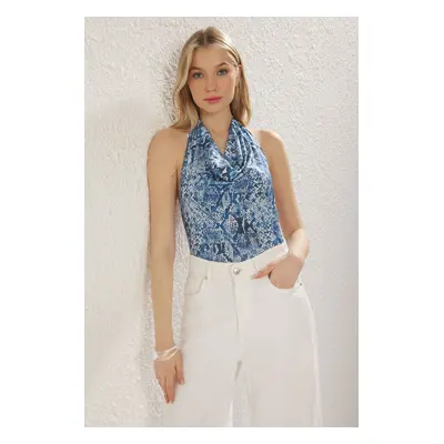 Trendyol Blue Snake Printed Cowl Neck Body-Smoothing Elastic Knitted Bodysuit with Snaps at the 