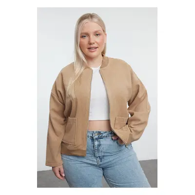 Trendyol Curve Beige Zippered Long Sleeve Pocketed Plus Size Jacket