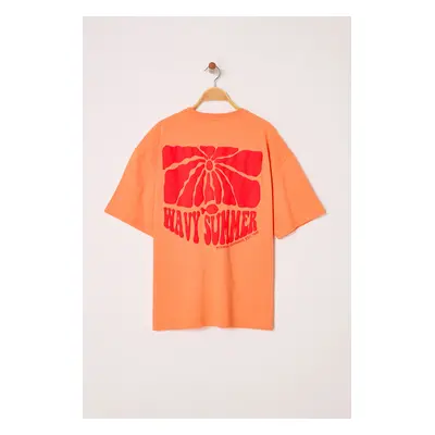 Trendyol Salmon Oversize Cut Puffy Printed 100% Cotton T-Shirt