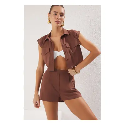 Trendyol Brown Flamed Cotton Shirt Shorts Beach Set