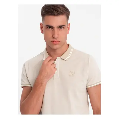 Ombre Men's melange polo shirt with striped collar - sand