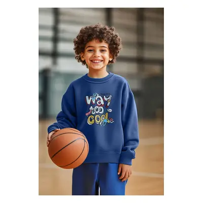 Trendyol Indigo Boy's Slogan Patterned Cotton Crew Neck Knitted Sweatshirt