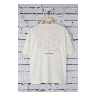 Trendyol Ecru Oversize/Wide Cut Embroidered Back Printed Crew Neck 100% Cotton T-Shirt