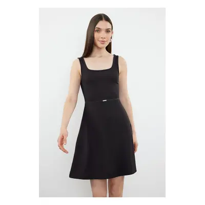 Trendyol Black Plain Accessory Detailed Skater Ribbed Stretchy Knitted Dress