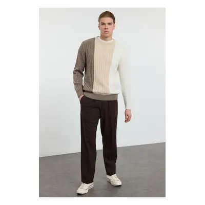 Trendyol Beige Regular Fit Crew Neck Knitted Panelled Color Block Knitwear Sweater