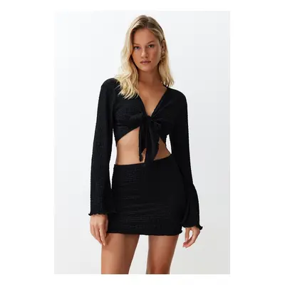 Trendyol Black Woven Tie Blouse and Skirt Set