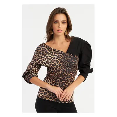 Cool & Sexy Women's Camel-Black Double Breasted Leopard Blouse LIK8